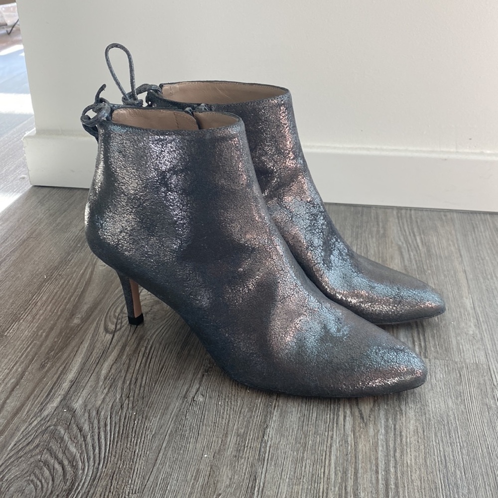 Stuart Weitzman Metallic Leather Charcoal Heel Booties
